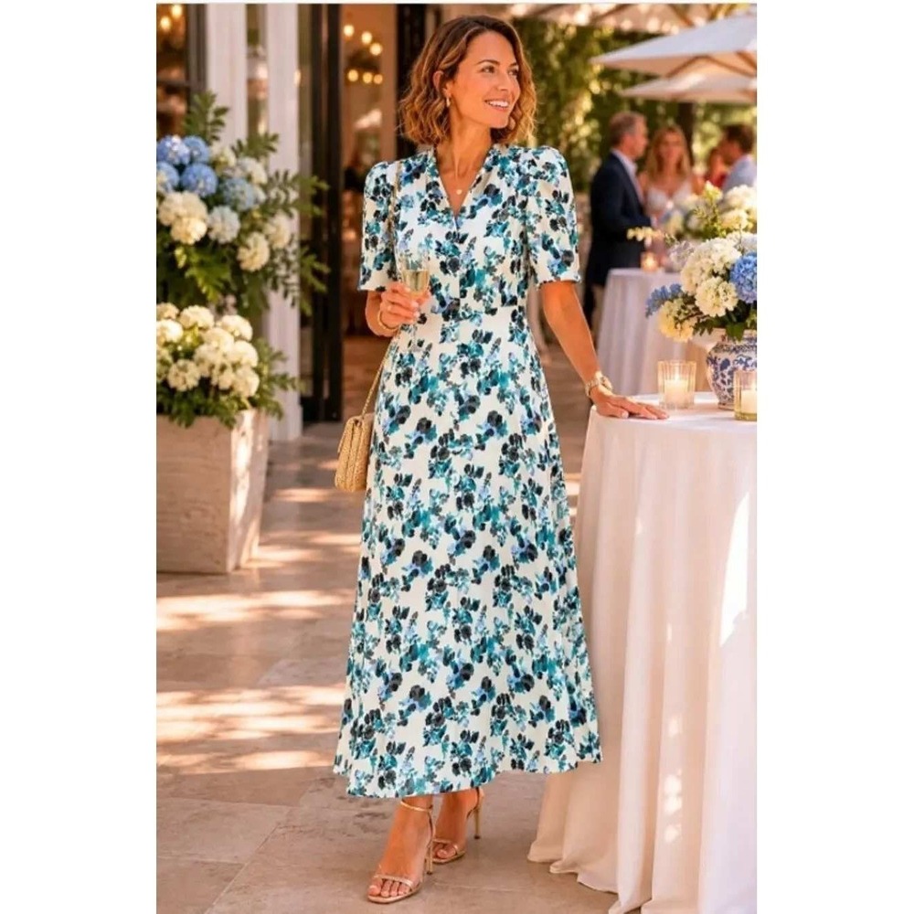 NWT Tuckernuck Blue Blooms Linen Midi/Maxi Dress Size XL Floral Wedding Guest - Picture 2 of 10